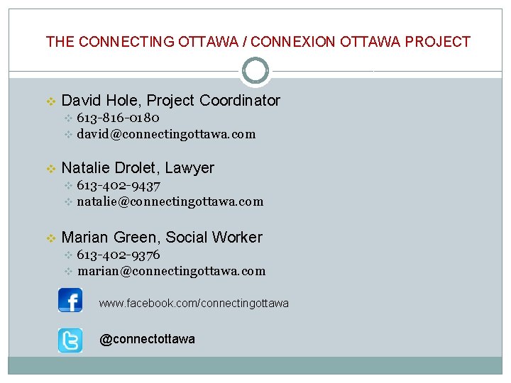 THE CONNECTING OTTAWA / CONNEXION OTTAWA PROJECT v David Hole, Project Coordinator 613 -816