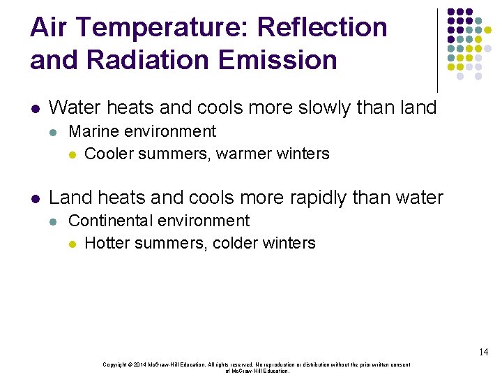 Air Temperature: Reflection and Radiation Emission l Water heats and cools more slowly than