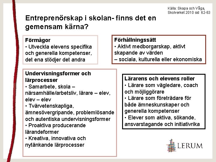 Entreprenörskap i skolan- finns det en gemensam kärna? Förmågor • Utveckla elevens specifika och