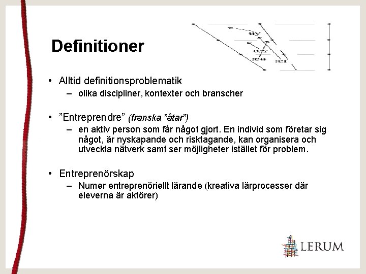 Definitioner • Alltid definitionsproblematik – olika discipliner, kontexter och branscher • ”Entreprendre” (franska ”åtar”)