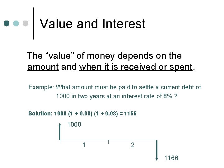 Value and Interest The “value” of money depends on the amount and when it