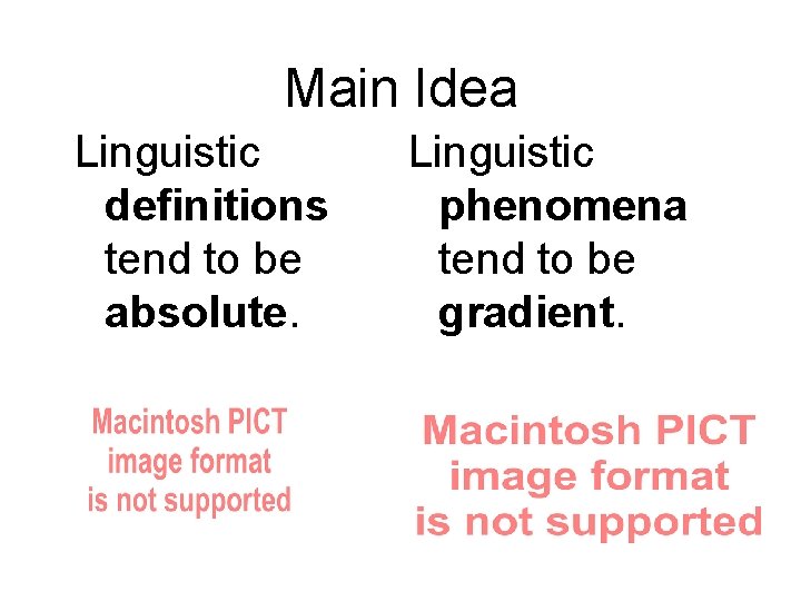 Main Idea Linguistic definitions tend to be absolute. Linguistic phenomena tend to be gradient.