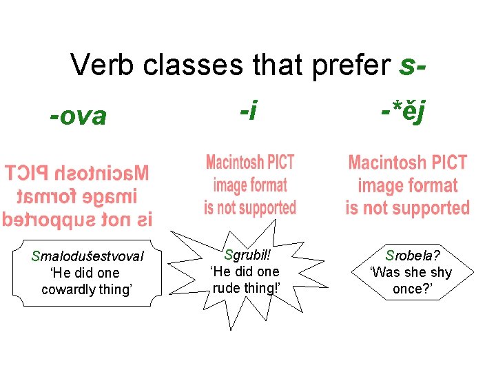 Verb classes that prefer s-ova Smalodušestvoval ‘He did one cowardly thing’ -i Sgrubil! ‘He