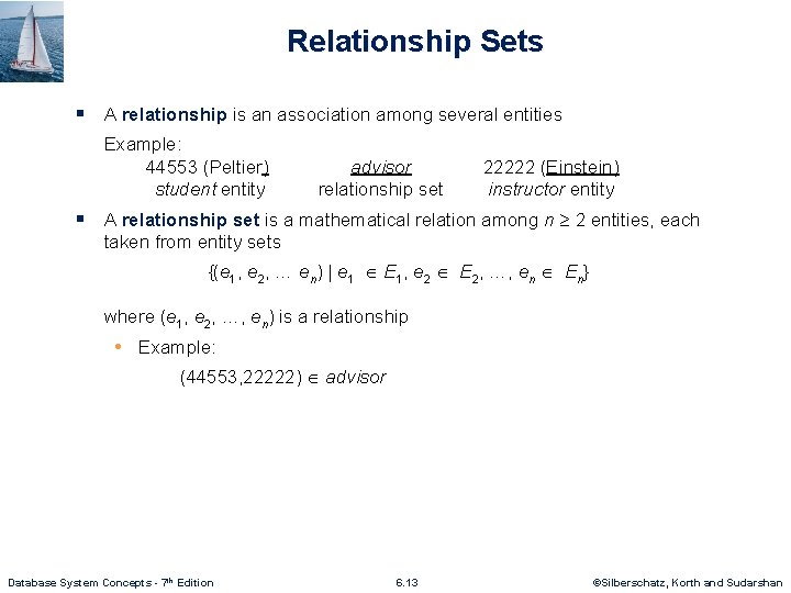 Relationship Sets § A relationship is an association among several entities Example: 44553 (Peltier)