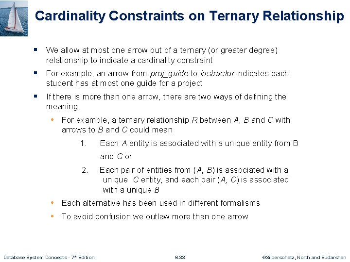 Cardinality Constraints on Ternary Relationship § We allow at most one arrow out of