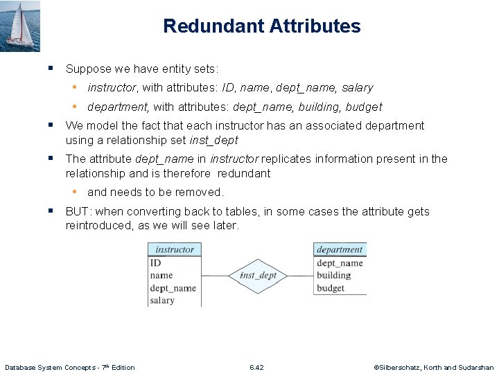 Redundant Attributes § Suppose we have entity sets: • instructor, with attributes: ID, name,