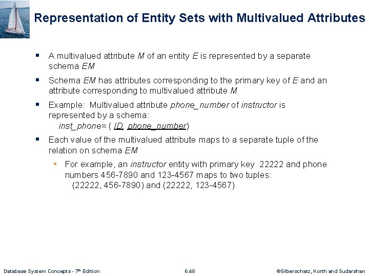 Representation of Entity Sets with Multivalued Attributes § A multivalued attribute M of an