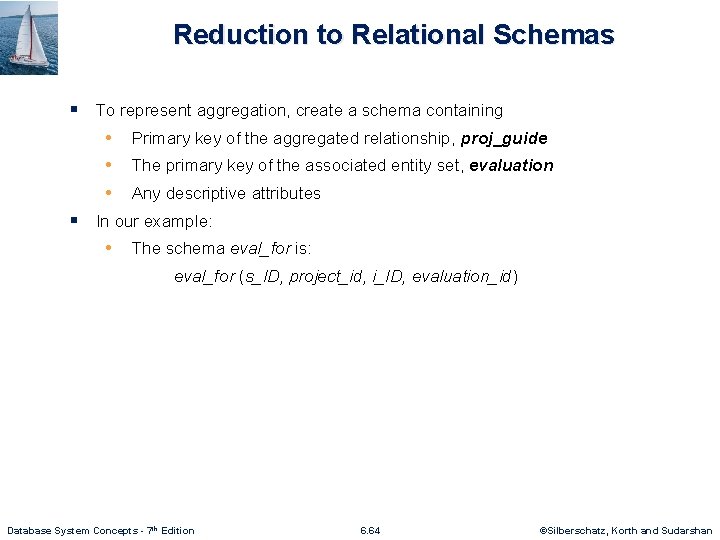 Reduction to Relational Schemas § To represent aggregation, create a schema containing • Primary