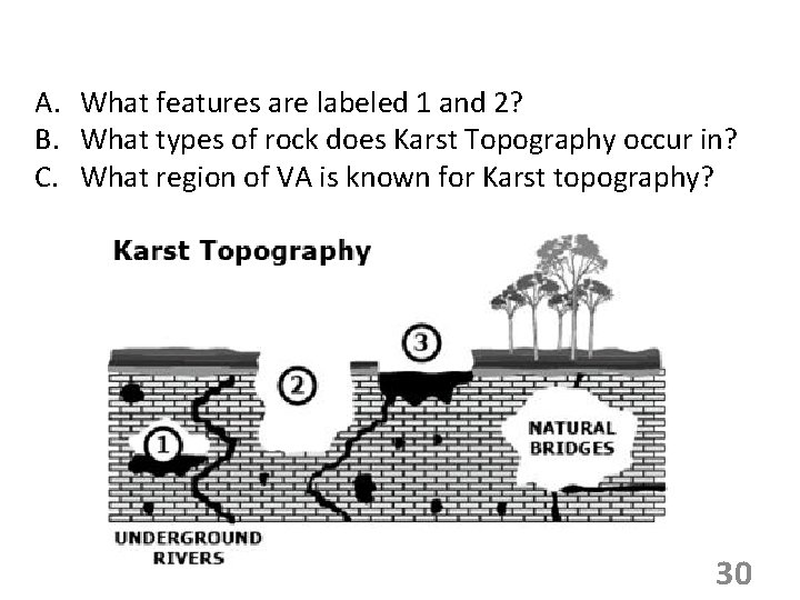 A. What features are labeled 1 and 2? B. What types of rock does