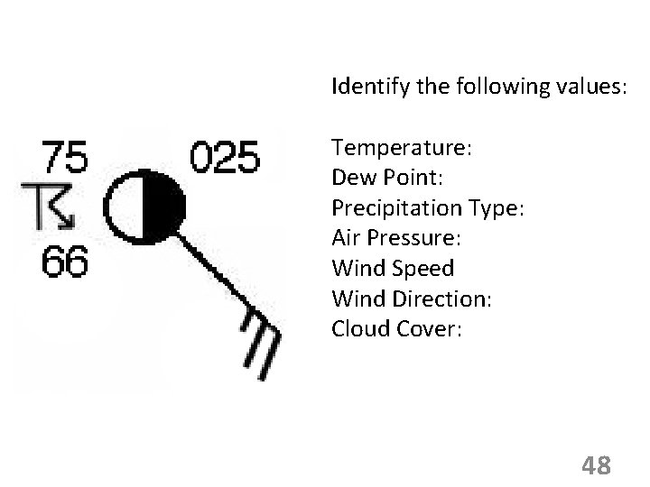 Identify the following values: Temperature: Dew Point: Precipitation Type: Air Pressure: Wind Speed Wind