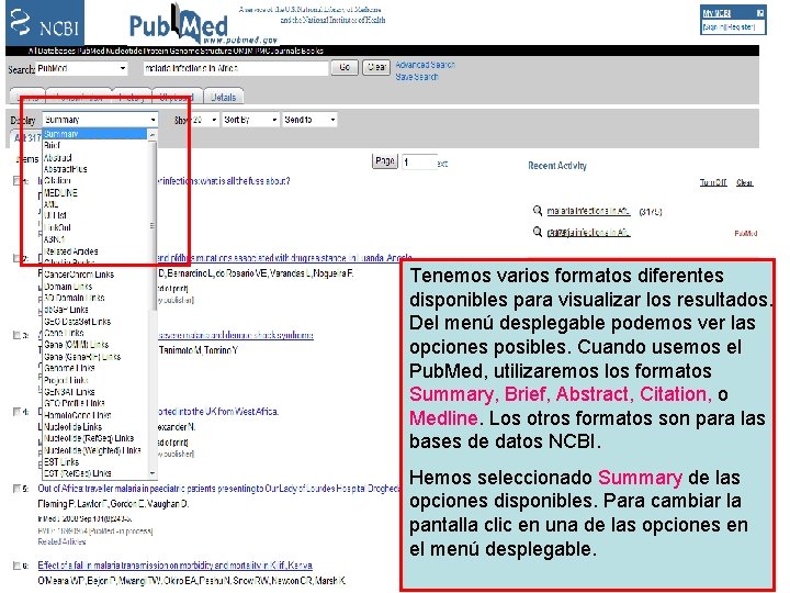 Display formats Tenemos varios formatos diferentes disponibles para visualizar los resultados. Del menú desplegable