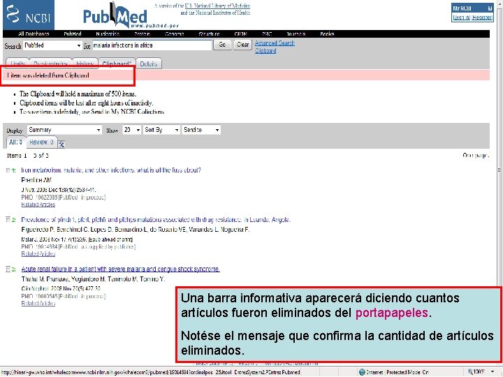 Send to Clipboard 6 Una barra informativa aparecerá diciendo cuantos artículos fueron eliminados del