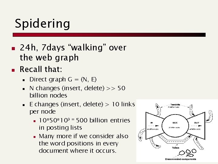 Spidering n n 24 h, 7 days “walking” over the web graph Recall that: