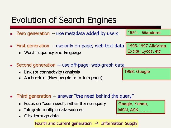 Evolution of Search Engines 1991 -. . Wanderer n Zero generation -- use metadata