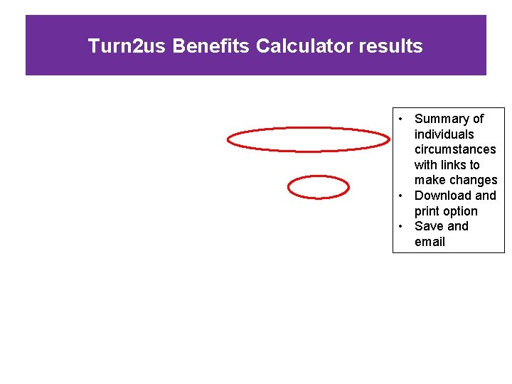 Turn 2 us Benefits Calculator results • Summary of individuals circumstances with links to