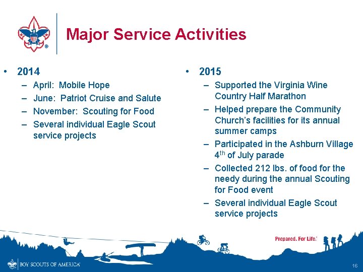 Major Service Activities • 2014 – – April: Mobile Hope June: Patriot Cruise and