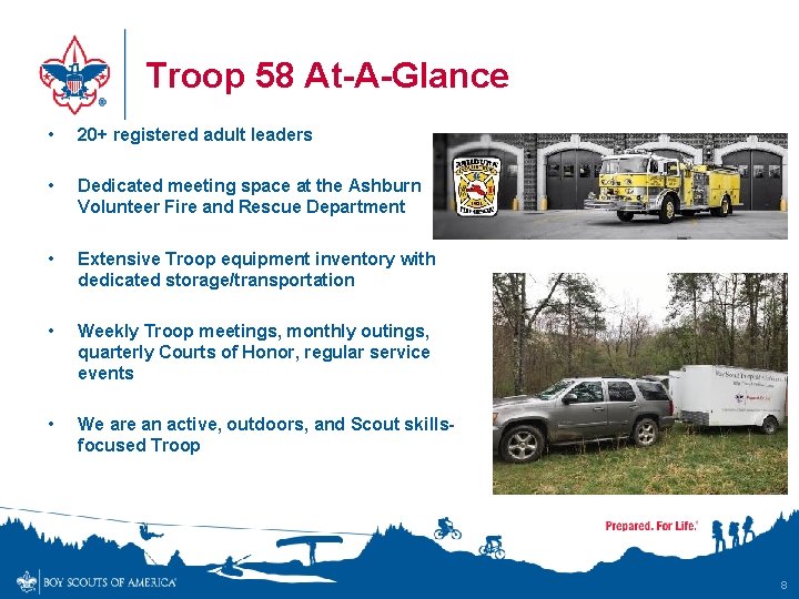 Troop 58 At-A-Glance • 20+ registered adult leaders • Dedicated meeting space at the