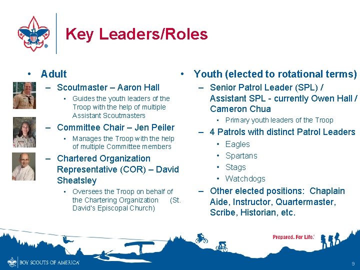 Key Leaders/Roles • Adult • Youth (elected to rotational terms) – Scoutmaster – Aaron