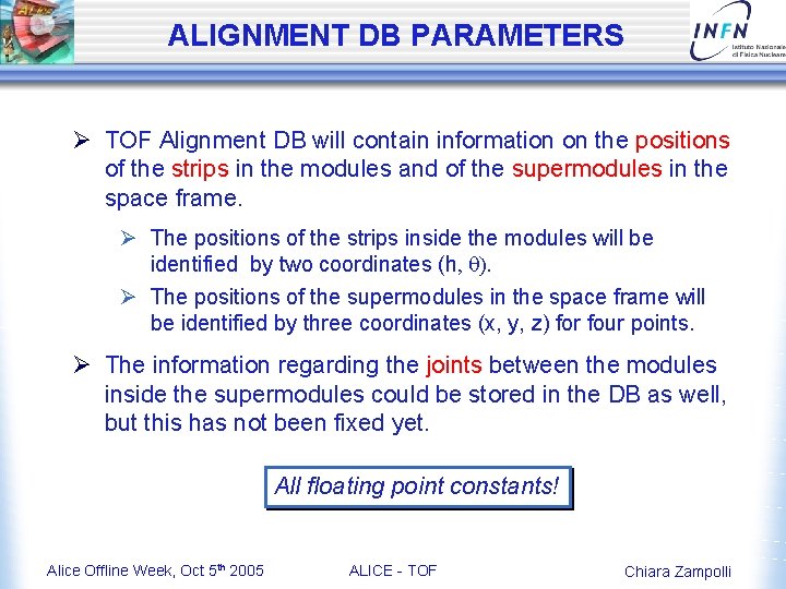 ALIGNMENT DB PARAMETERS Ø TOF Alignment DB will contain information on the positions of