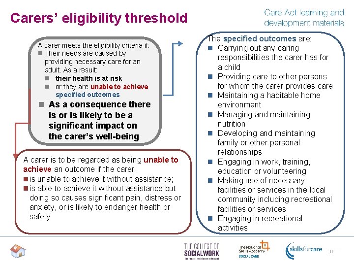 Carers’ eligibility threshold A carer meets the eligibility criteria if: n Their needs are