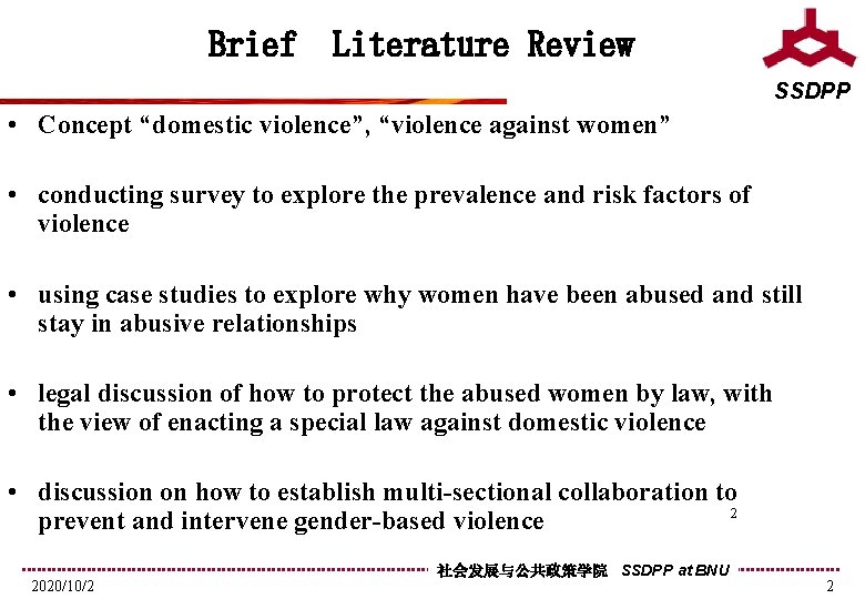 Brief Literature Review SSDPP • Concept “domestic violence”, “violence against women” • conducting survey