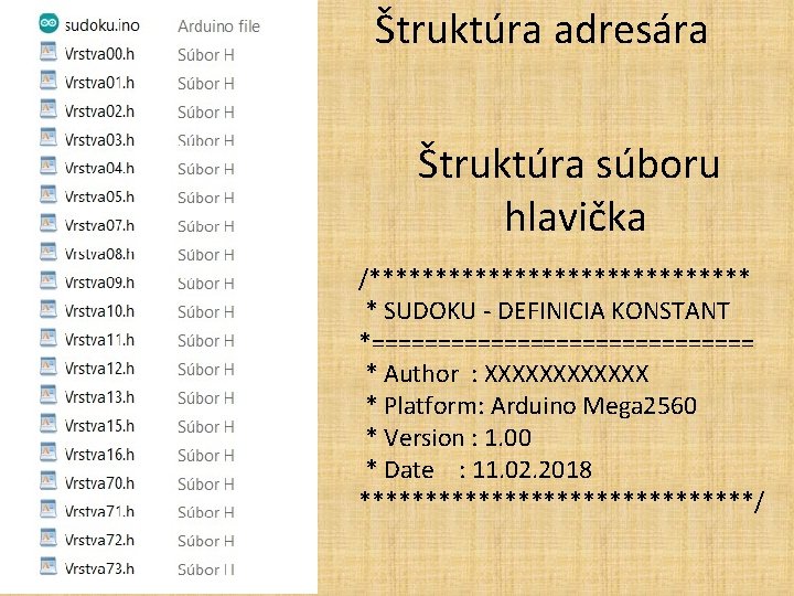 Štruktúra adresára Štruktúra súboru hlavička /*************** * SUDOKU - DEFINICIA KONSTANT *=============== * Author