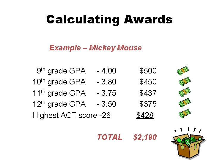Calculating Awards Example – Mickey Mouse 9 th grade GPA - 4. 00 10