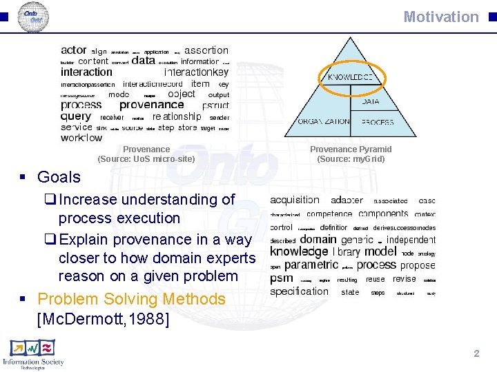 Motivation Provenance (Source: Uo. S micro-site) Provenance Pyramid (Source: my. Grid) § Goals q