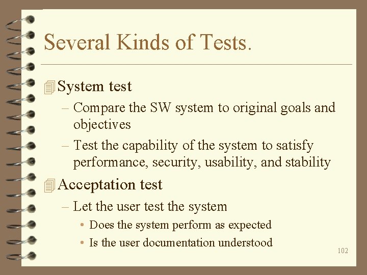 Several Kinds of Tests. 4 System test – Compare the SW system to original