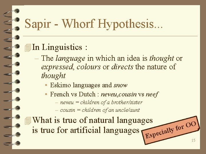 Sapir - Whorf Hypothesis. . . 4 In Linguistics : – The language in