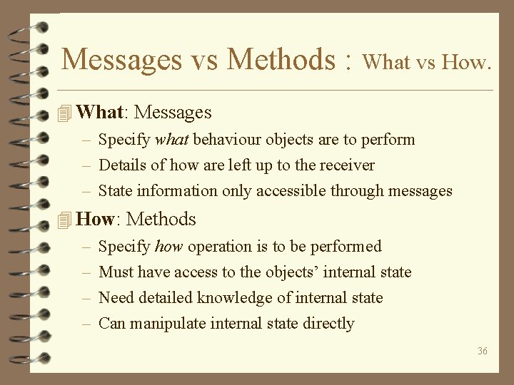 Messages vs Methods : What vs How. 4 What: Messages – Specify what behaviour