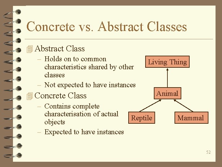 Concrete vs. Abstract Classes 4 Abstract Class – Holds on to common characteristics shared
