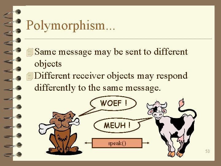 Polymorphism. . . 4 Same message may be sent to different objects 4 Different