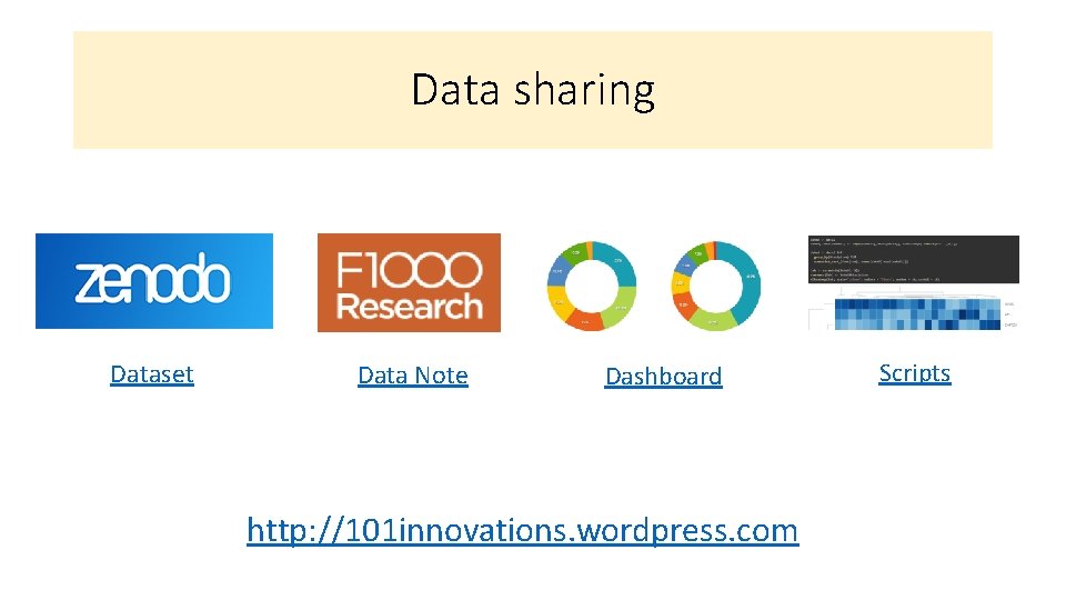 Data sharing Dataset Data Note Dashboard http: //101 innovations. wordpress. com Scripts 