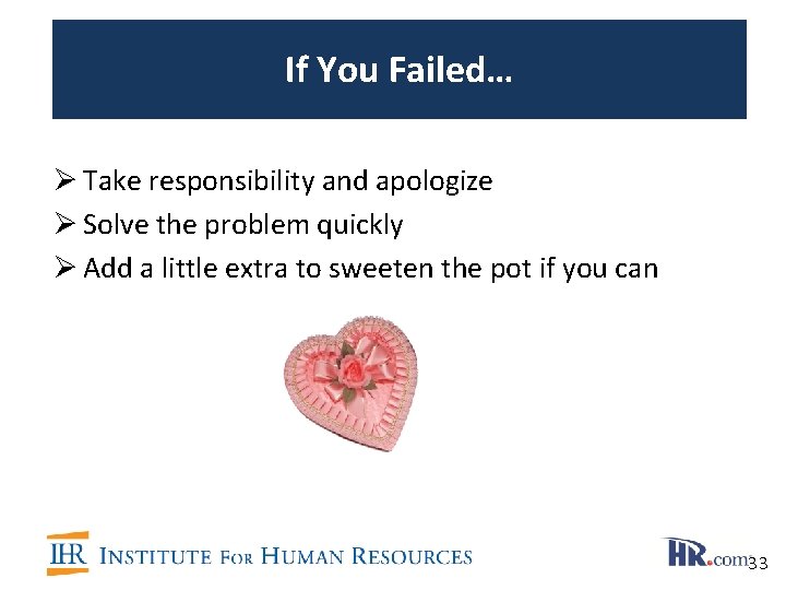If You Failed… Ø Take responsibility and apologize Ø Solve the problem quickly Ø