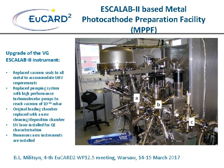 ESCALAB-II based Metal Photocathode Preparation Facility (MPPF) Upgrade of the VG ESCALAB-II instrument: •