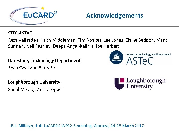 Acknowledgements STFC ASTe. C Reza Valizadeh, Keith Middleman, Tim Noakes, Lee Jones, Elaine Seddon,