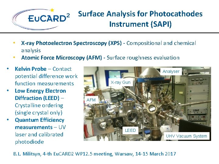 Surface Analysis for Photocathodes Instrument (SAPI) • X-ray Photoelectron Spectroscopy (XPS) - Compositional and