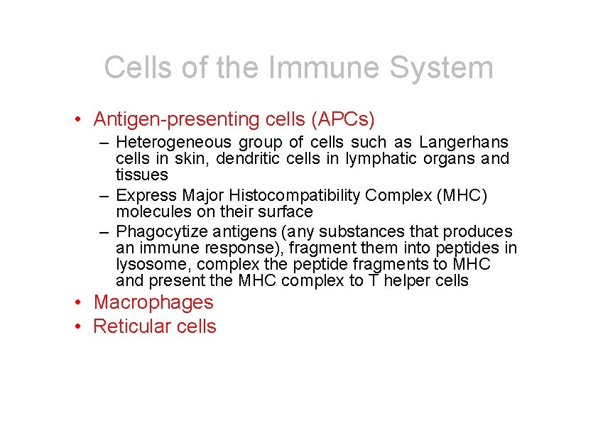 Cells of the Immune System • Antigen-presenting cells (APCs) – Heterogeneous group of cells