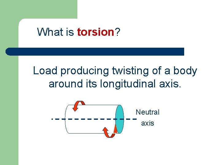 What is torsion? Load producing twisting of a body around its longitudinal axis. Neutral