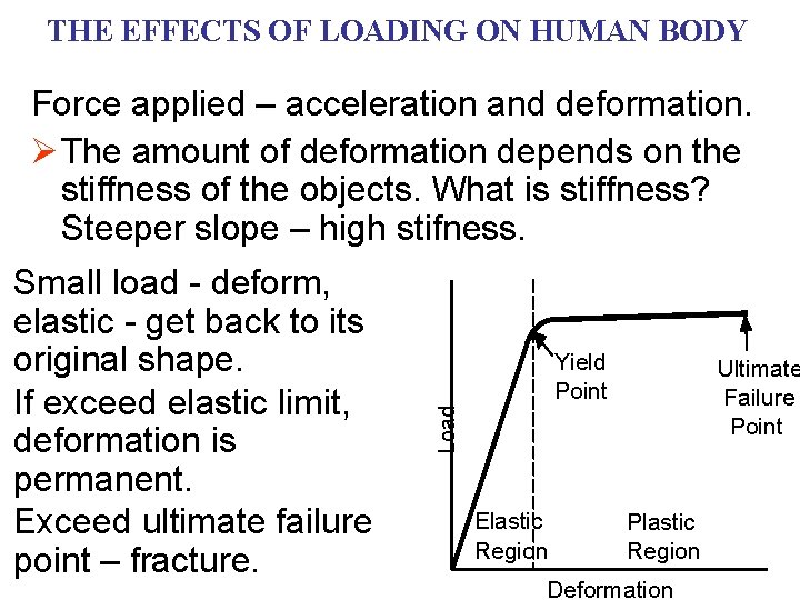THE EFFECTS OF LOADING ON HUMAN BODY Force applied – acceleration and deformation. Ø