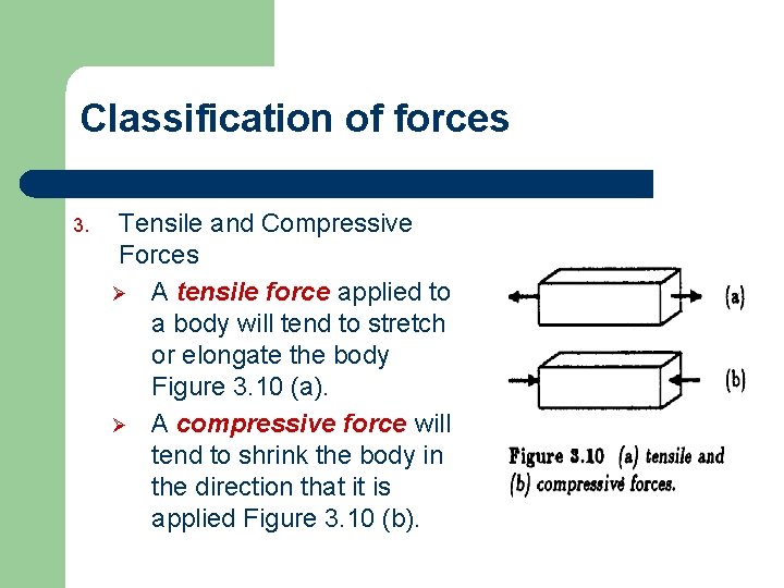 Classification of forces 3. Tensile and Compressive Forces Ø A tensile force applied to