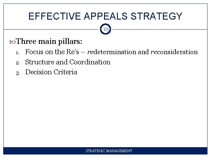 EFFECTIVE APPEALS STRATEGY 25 Three main pillars: 1. 2. 3. Focus on the Re’s