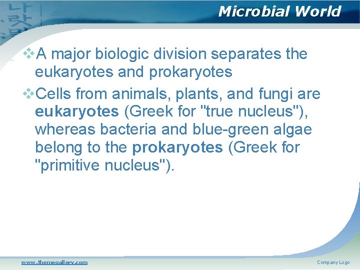 Microbial World A major biologic division separates the eukaryotes and prokaryotes Cells from animals,