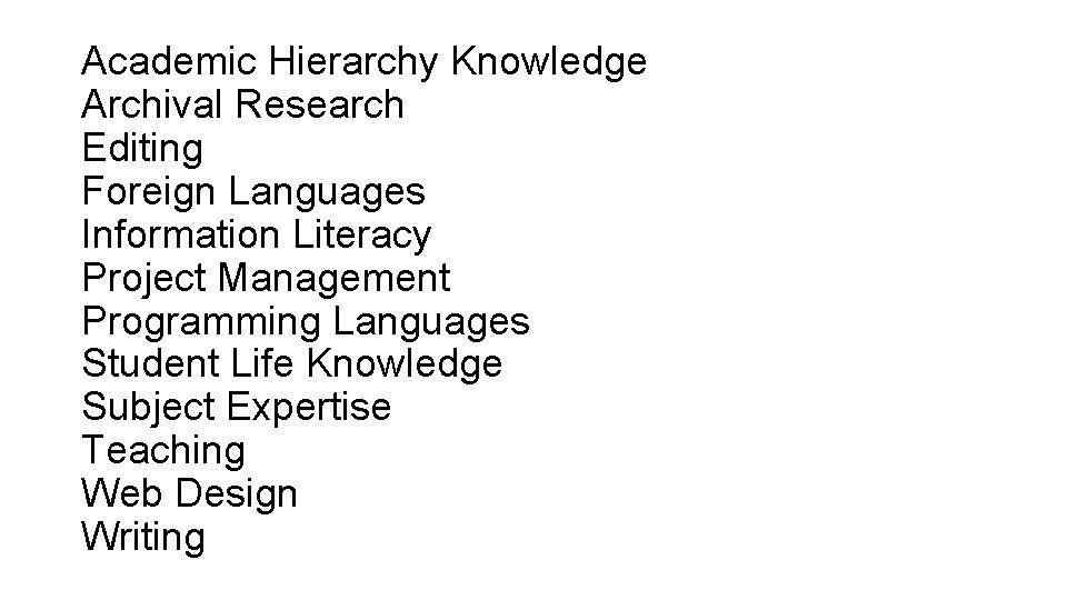 Academic Hierarchy Knowledge Archival Research Editing Foreign Languages Information Literacy Project Management Programming Languages