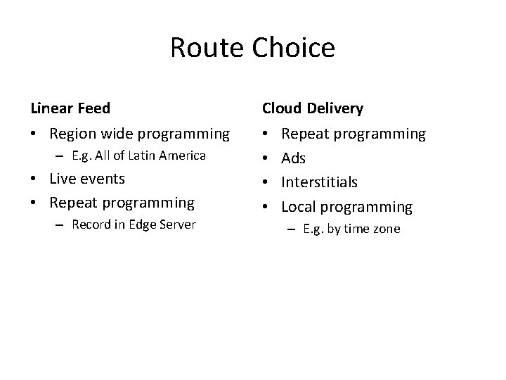 Route Choice Linear Feed Cloud Delivery • Region wide programming • • – E.