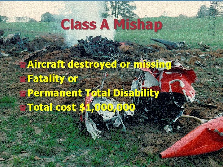 Class A Mishap (Aircraft destroyed or missing (Fatality or (Permanent Total Disability (Total cost