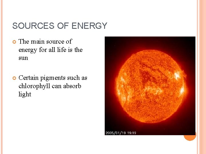 SOURCES OF ENERGY The main source of energy for all life is the sun