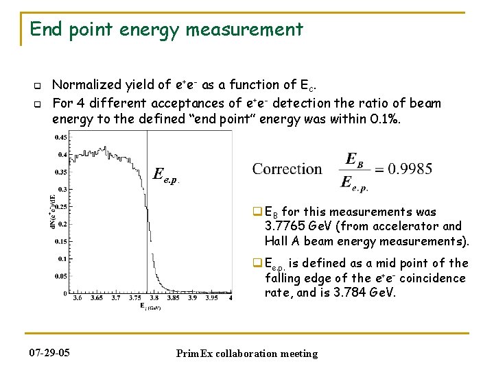 End point energy measurement q q Normalized yield of e+e- as a function of