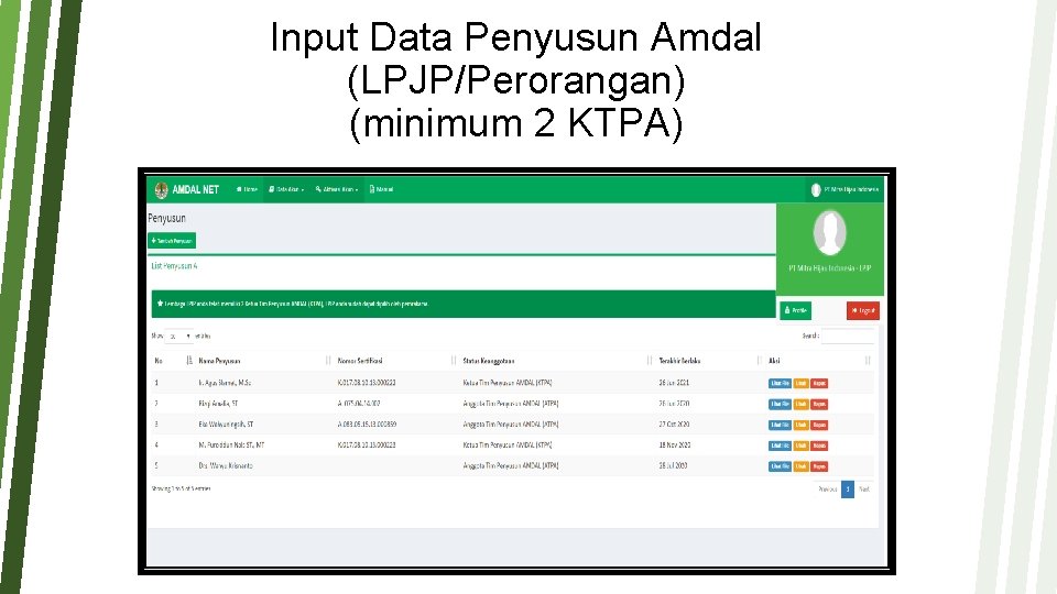 Input Data Penyusun Amdal (LPJP/Perorangan) (minimum 2 KTPA) 